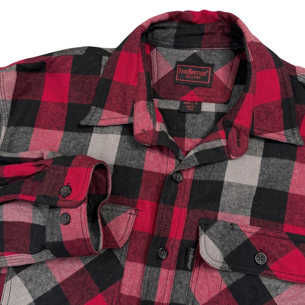 Five Brother Mens Red Black Plaid Flannel Shirt Long Sleeve Button Up Size Large
